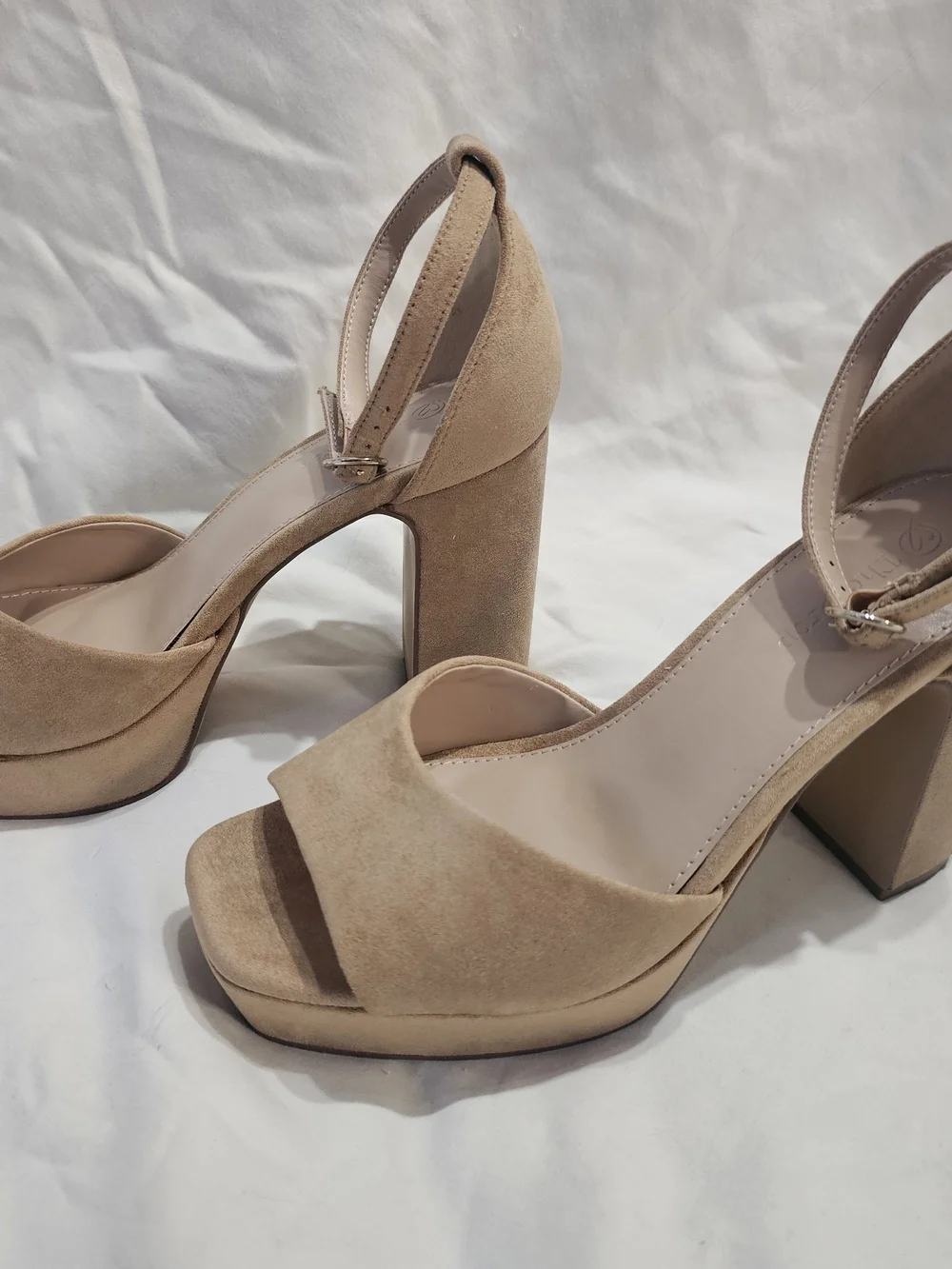 Platform Ankle-Strap Block Heel Sandal in Tan Suede